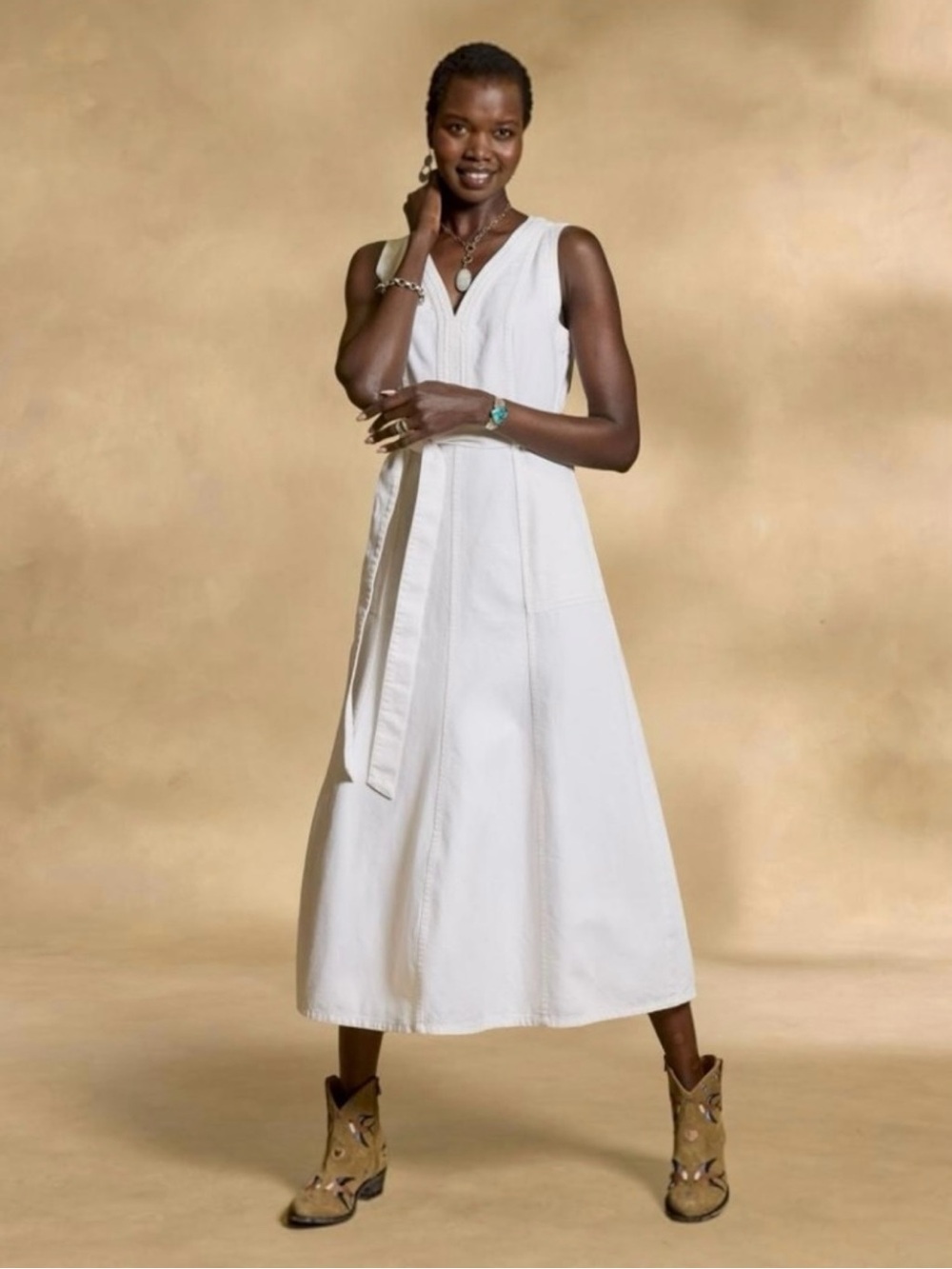 Sundance Poppy White Denim Belted Midi Dress V-Neck Size 14 Pockets Cotton - Picture 2 of 10